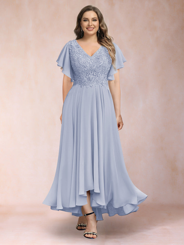 A-Line/Princess V-Neck Short Sleeves Long Plus Size Evening Dresses with Appliques
