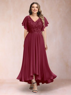 A-Line/Princess V-Neck Short Sleeves Long Plus Size Evening Dresses with Appliques