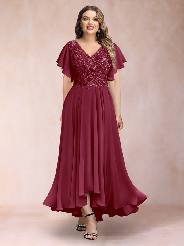A-Line/Princess V-Neck Short Sleeves Long Plus Size Evening Dresses with Appliques