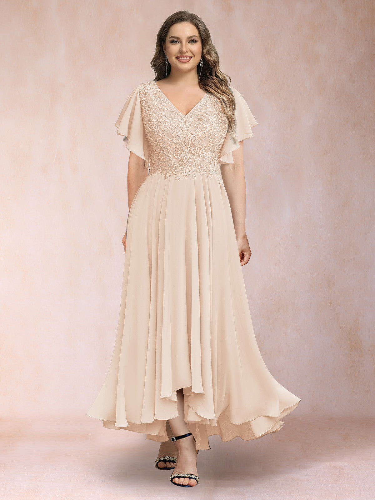 A-Line/Princess V-Neck Short Sleeves Long Plus Size Evening Dresses with Appliques