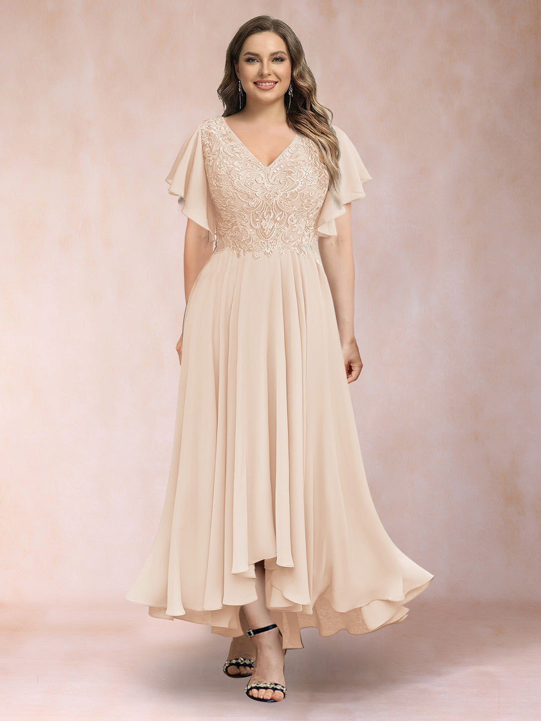 A-Line/Princess V-Neck Short Sleeves Long Plus Size Evening Dresses with Appliques