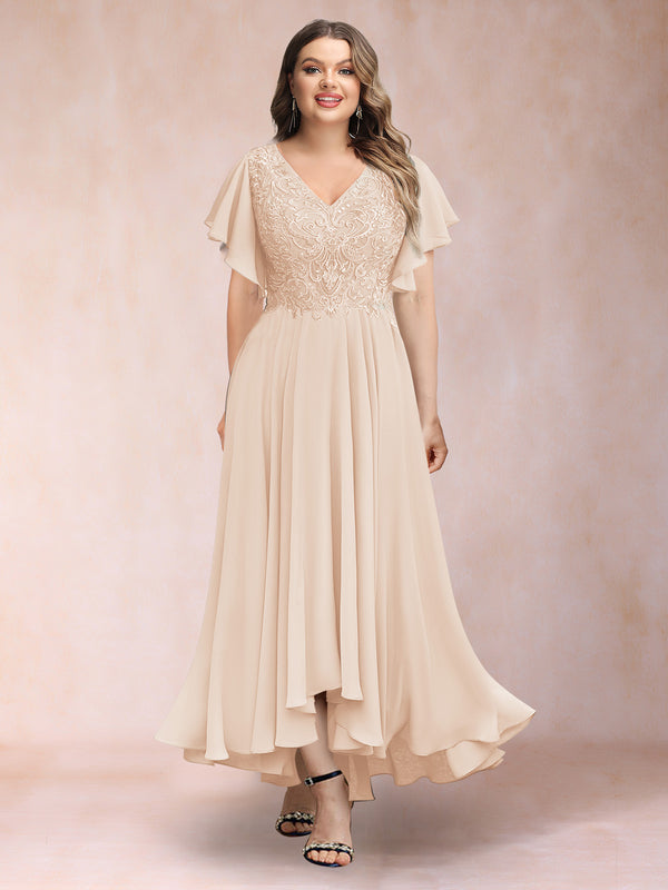 A-Line/Princess V-Neck Short Sleeves Long Plus Size Evening Dresses with Appliques
