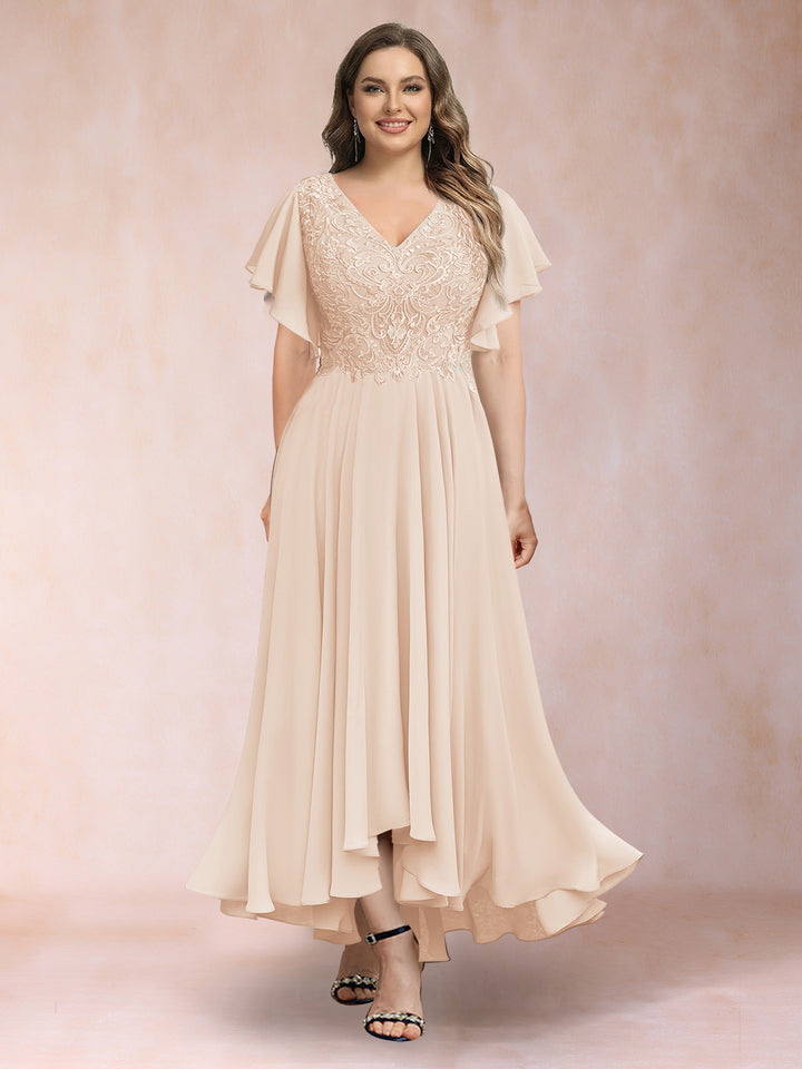 A-Line/Princess V-Neck Short Sleeves Long Plus Size Evening Dresses with Appliques