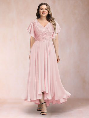 A-Line/Princess V-Neck Short Sleeves Long Plus Size Evening Dresses with Appliques