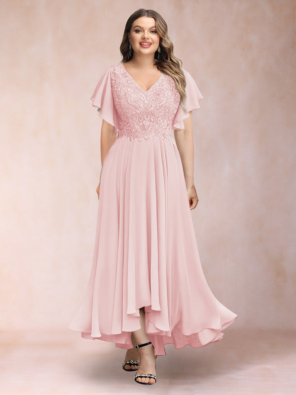 A-Line/Princess V-Neck Short Sleeves Long Plus Size Evening Dresses with Appliques