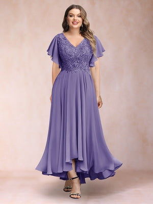 A-Line/Princess V-Neck Short Sleeves Long Plus Size Evening Dresses with Appliques