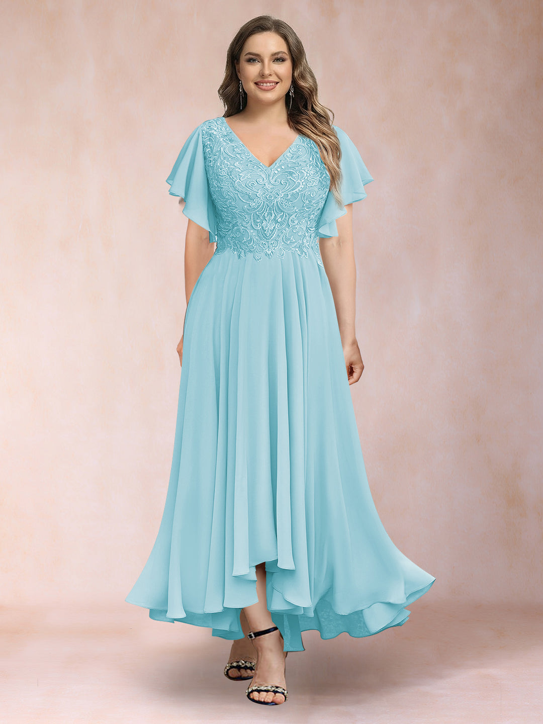 A-Line/Princess V-Neck Short Sleeves Long Plus Size Evening Dresses with Appliques