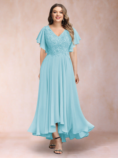 A-Line/Princess V-Neck Short Sleeves Long Plus Size Evening Dresses with Appliques