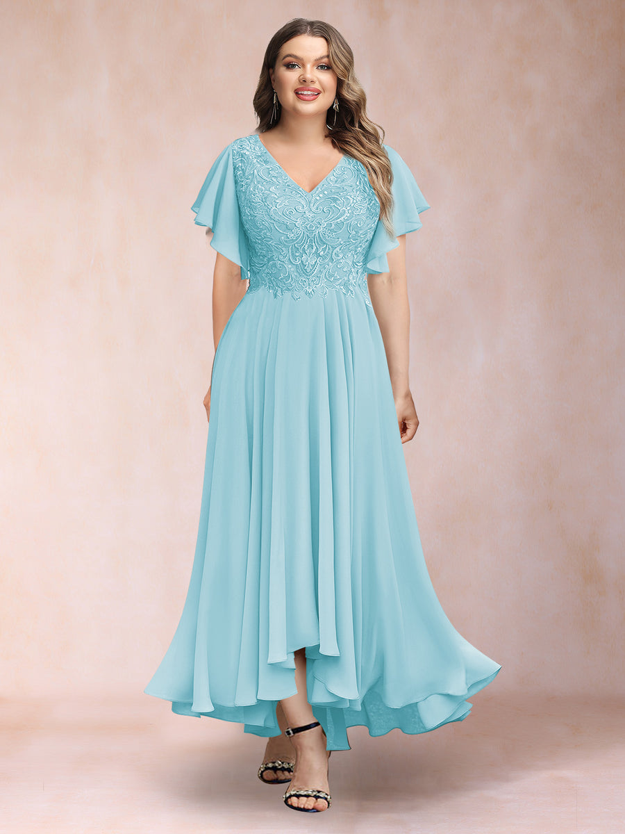 A-Line/Princess V-Neck Short Sleeves Long Plus Size Evening Dresses with Appliques