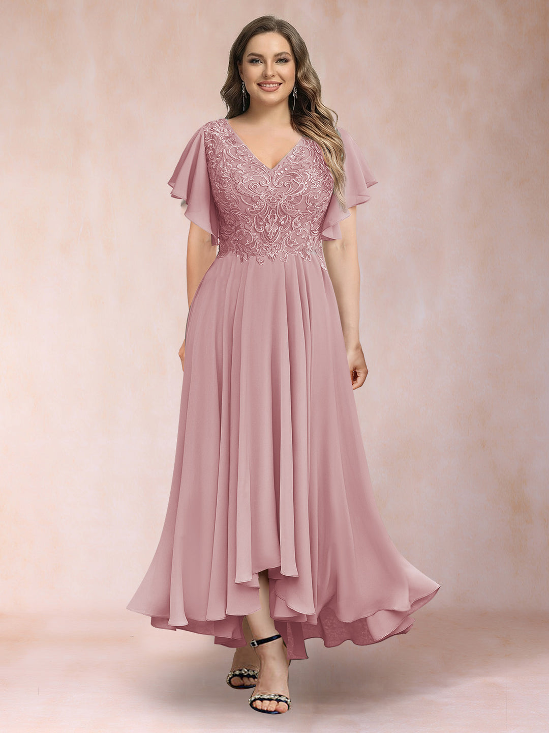 A-Line/Princess V-Neck Short Sleeves Long Plus Size Evening Dresses with Appliques