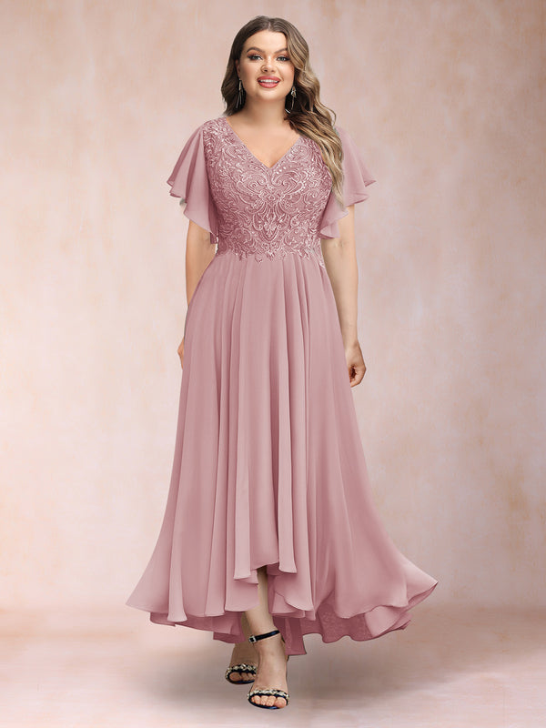 A-Line/Princess V-Neck Short Sleeves Long Plus Size Evening Dresses with Appliques
