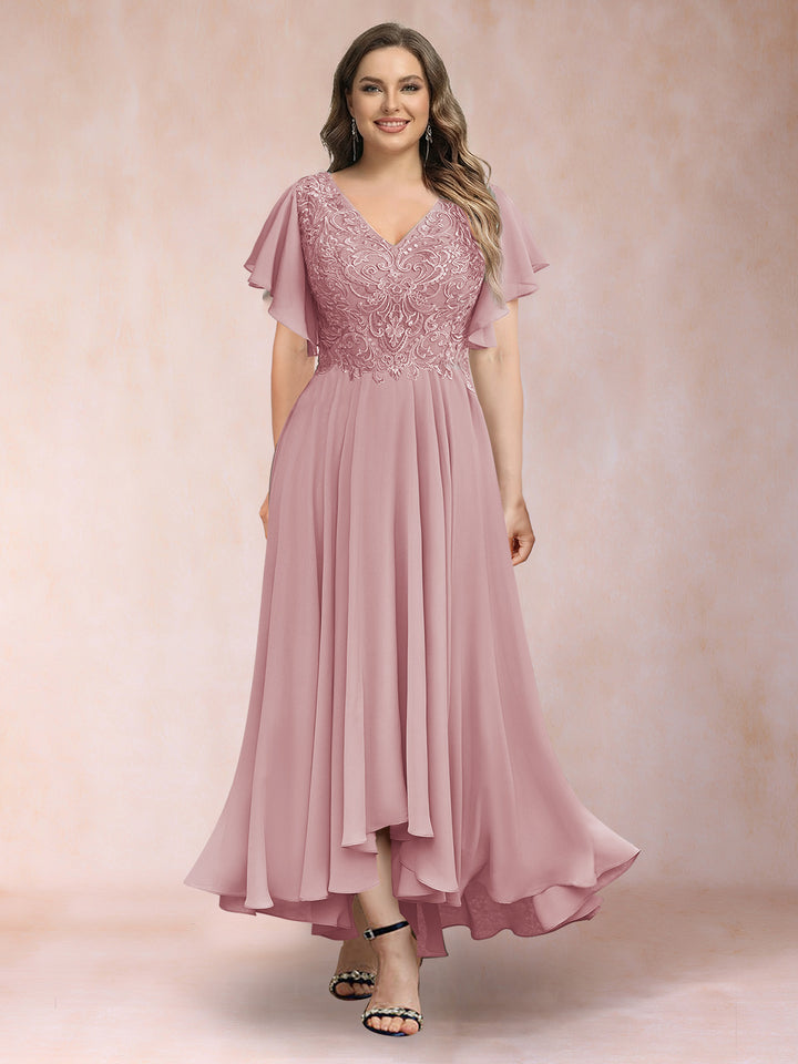 A-Line/Princess V-Neck Short Sleeves Long Plus Size Evening Dresses with Appliques
