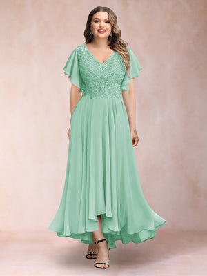 A-Line/Princess V-Neck Short Sleeves Long Plus Size Evening Dresses with Appliques
