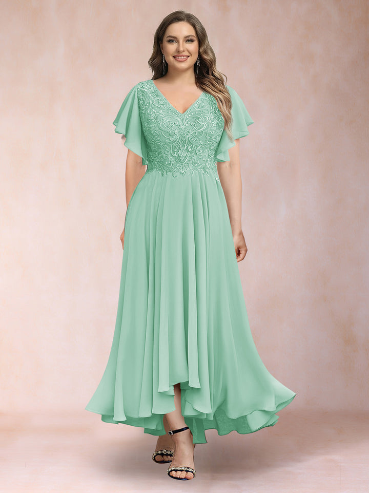 A-Line/Princess V-Neck Short Sleeves Long Plus Size Evening Dresses with Appliques