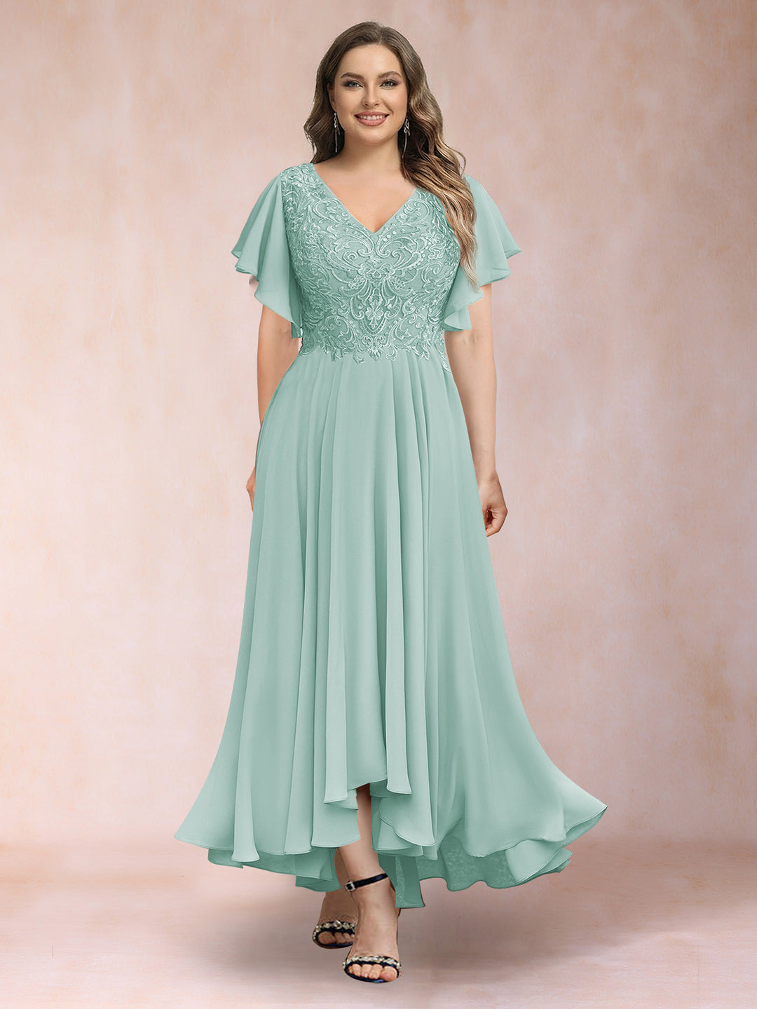 A-Line/Princess V-Neck Short Sleeves Long Plus Size Evening Dresses with Appliques