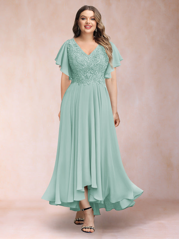 A-Line/Princess V-Neck Short Sleeves Long Plus Size Evening Dresses with Appliques