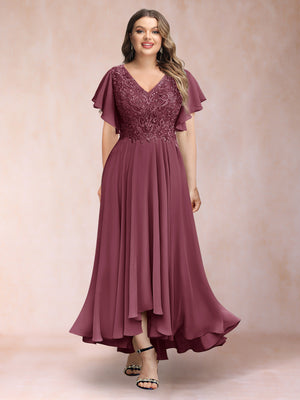 A-Line/Princess V-Neck Short Sleeves Long Plus Size Evening Dresses with Appliques