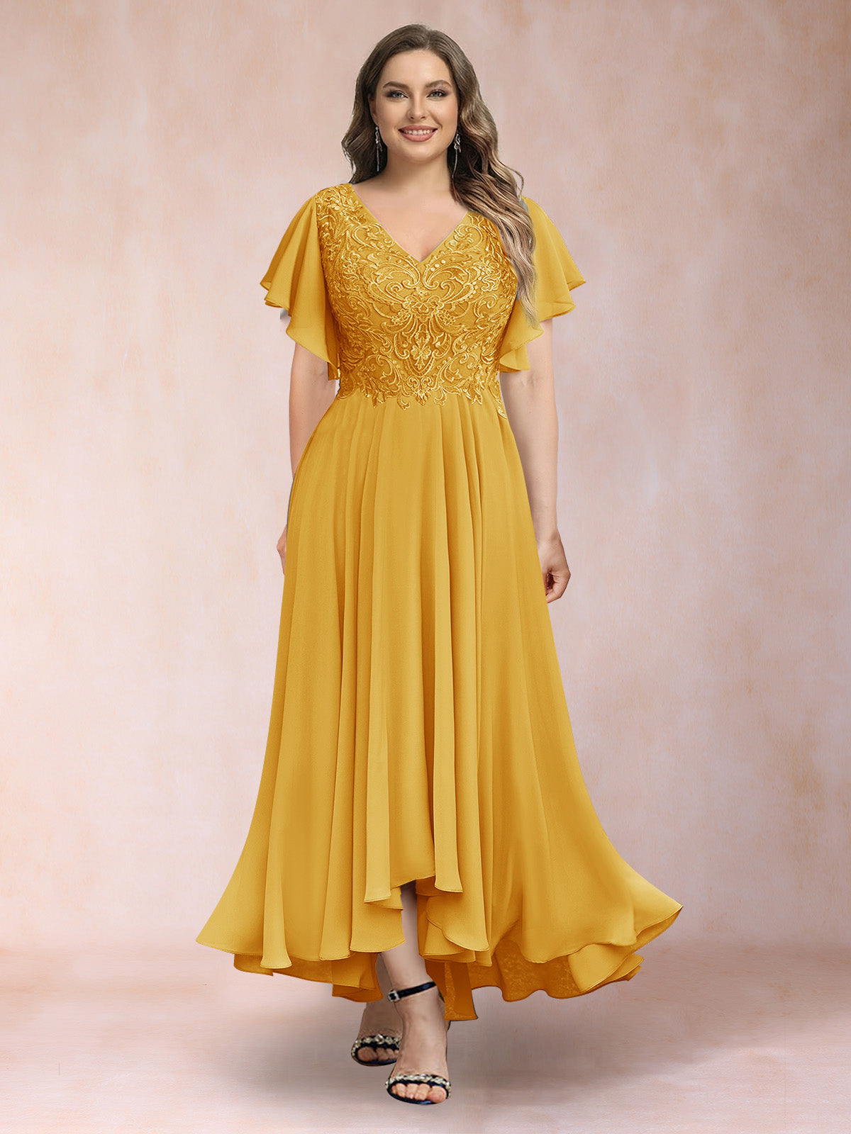 A-Line/Princess V-Neck Short Sleeves Long Plus Size Evening Dresses with Appliques