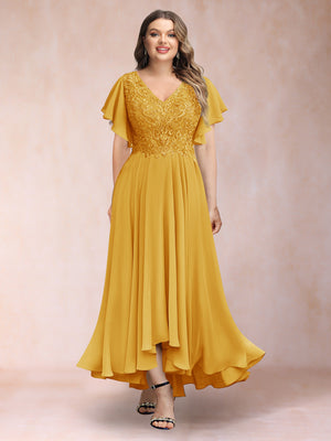 A-Line/Princess V-Neck Short Sleeves Long Plus Size Evening Dresses with Appliques