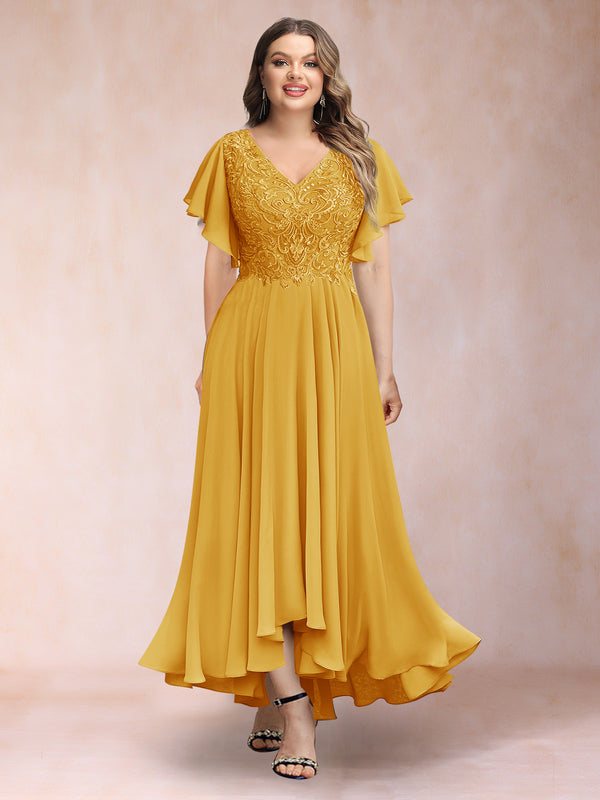 A-Line/Princess V-Neck Short Sleeves Long Plus Size Evening Dresses with Appliques