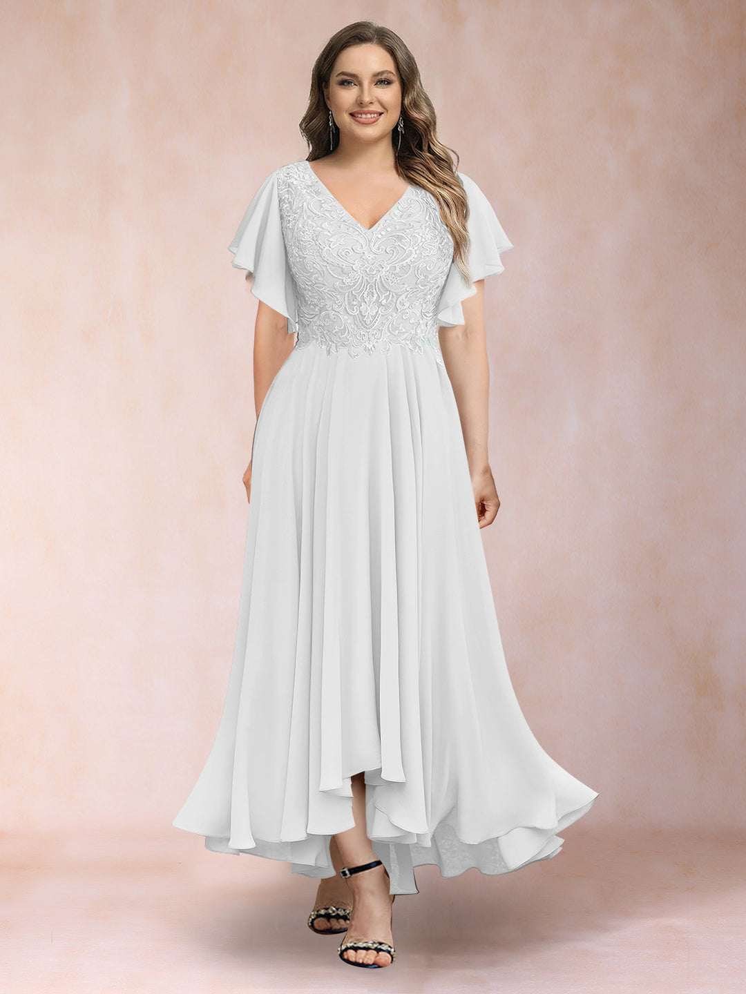 A-Line/Princess V-Neck Short Sleeves Long Plus Size Evening Dresses with Appliques