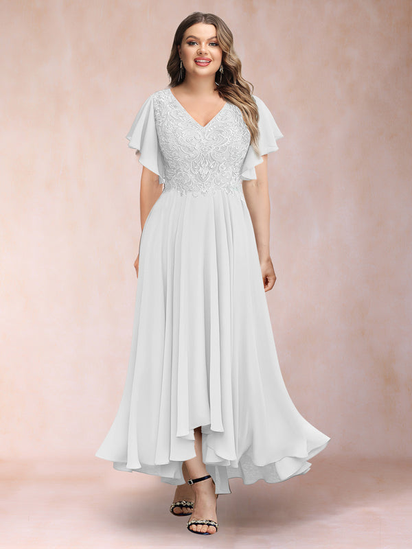 A-Line/Princess V-Neck Short Sleeves Long Plus Size Evening Dresses with Appliques