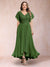 A-Line/Princess V-Neck Short Sleeves Long Plus Size Evening Dresses with Appliques