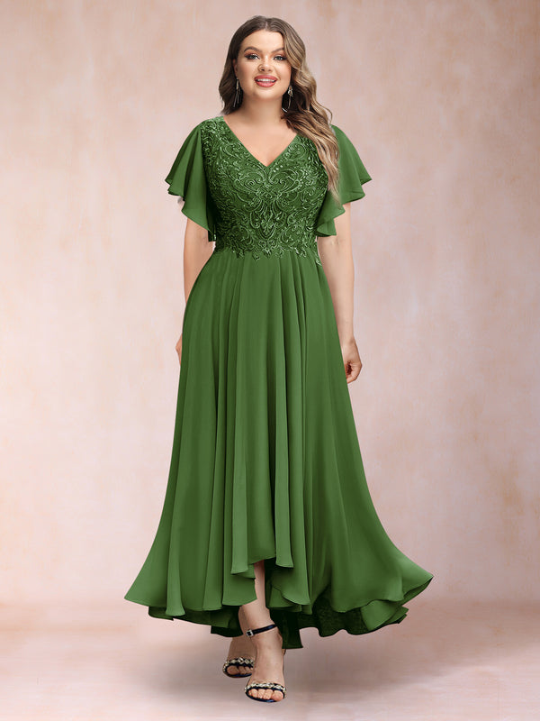 A-Line/Princess V-Neck Short Sleeves Long Plus Size Evening Dresses with Appliques
