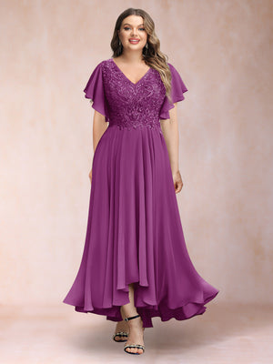 A-Line/Princess V-Neck Short Sleeves Long Plus Size Evening Dresses with Appliques