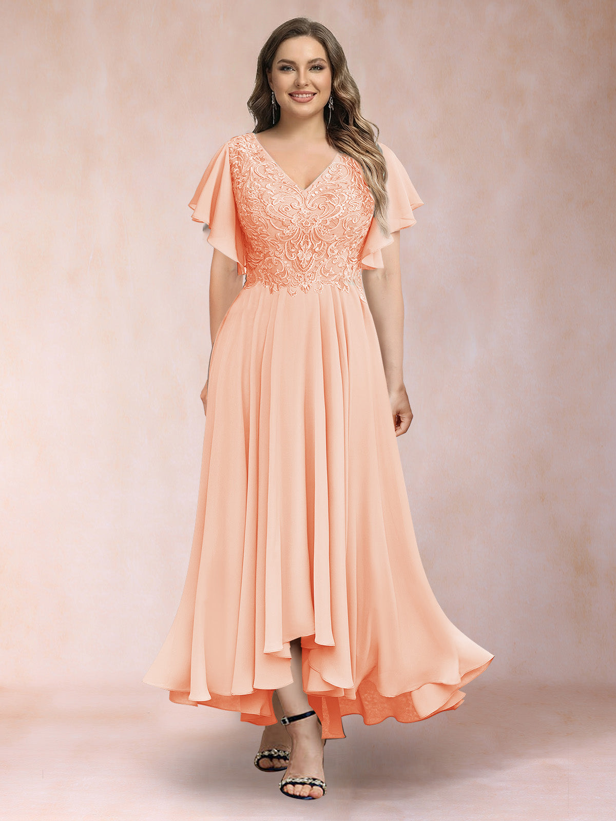 A-Line/Princess V-Neck Short Sleeves Long Plus Size Evening Dresses with Appliques