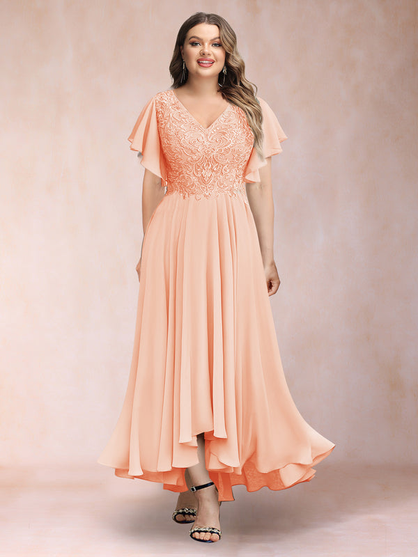 A-Line/Princess V-Neck Short Sleeves Long Plus Size Evening Dresses with Appliques