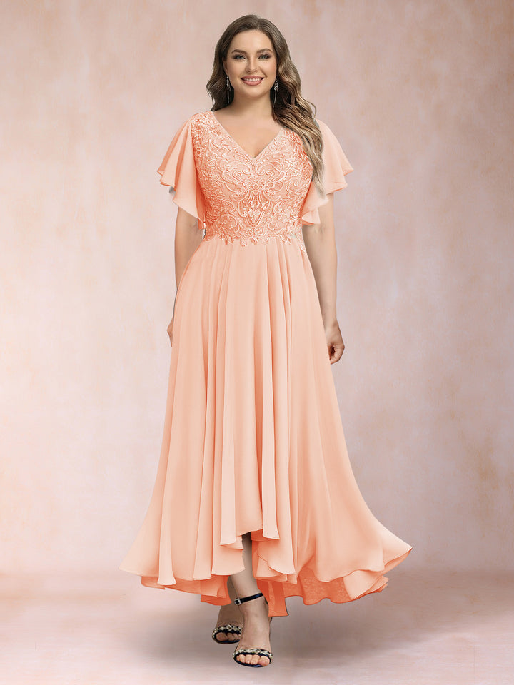 A-Line/Princess V-Neck Short Sleeves Long Plus Size Evening Dresses with Appliques