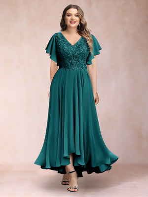 A-Line/Princess V-Neck Short Sleeves Long Plus Size Evening Dresses with Appliques