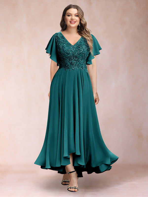 A-Line/Princess V-Neck Short Sleeves Long Plus Size Evening Dresses with Appliques