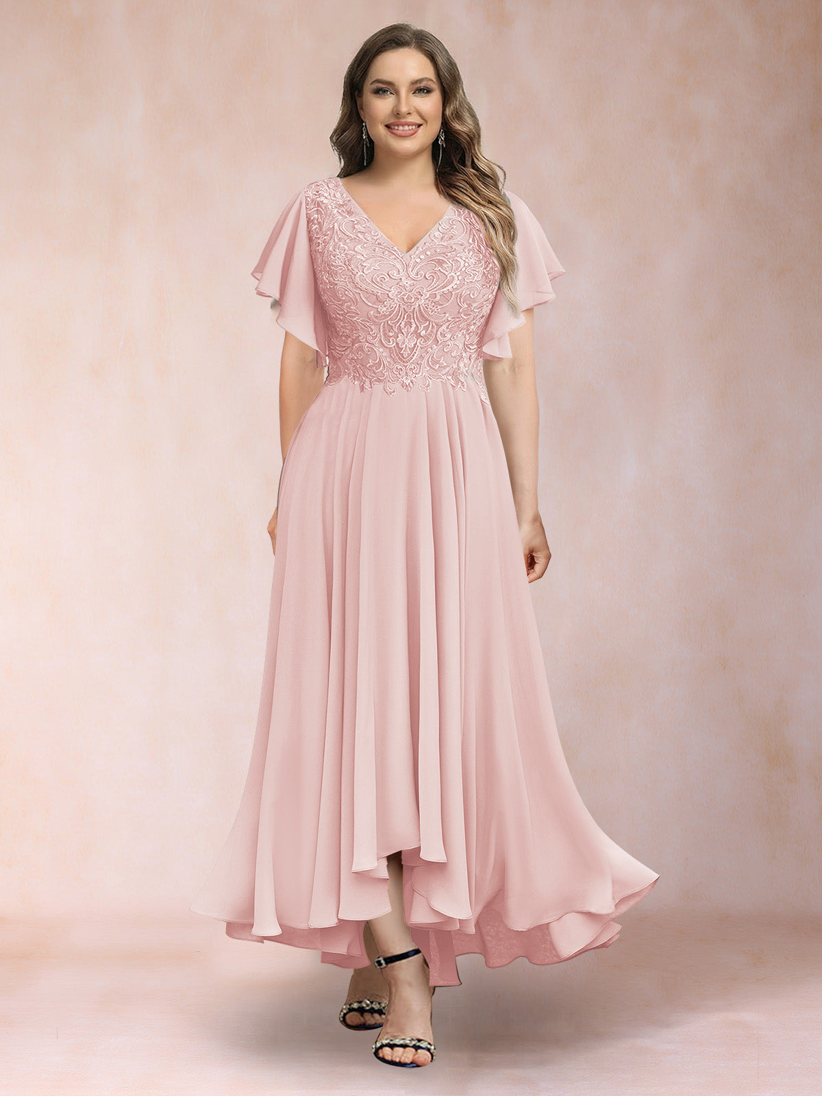 A-Line/Princess V-Neck Short Sleeves Long Plus Size Evening Dresses with Appliques