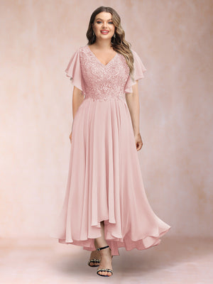 A-Line/Princess V-Neck Short Sleeves Long Plus Size Evening Dresses with Appliques