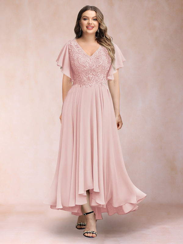 A-Line/Princess V-Neck Short Sleeves Long Plus Size Evening Dresses with Appliques
