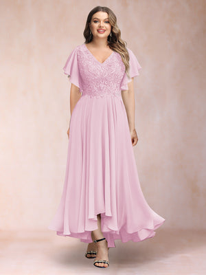A-Line/Princess V-Neck Short Sleeves Long Plus Size Evening Dresses with Appliques