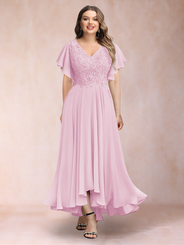 A-Line/Princess V-Neck Short Sleeves Long Plus Size Evening Dresses with Appliques