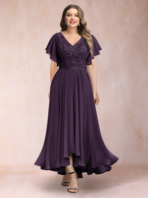 A-Line/Princess V-Neck Short Sleeves Long Plus Size Evening Dresses with Appliques