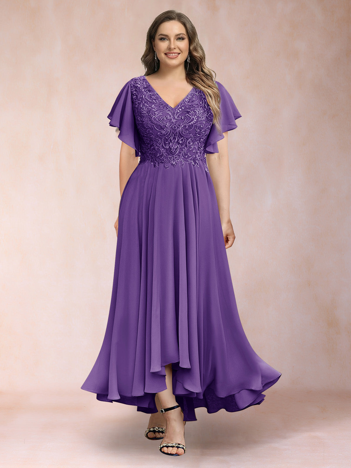 A-Line/Princess V-Neck Short Sleeves Long Plus Size Evening Dresses with Appliques
