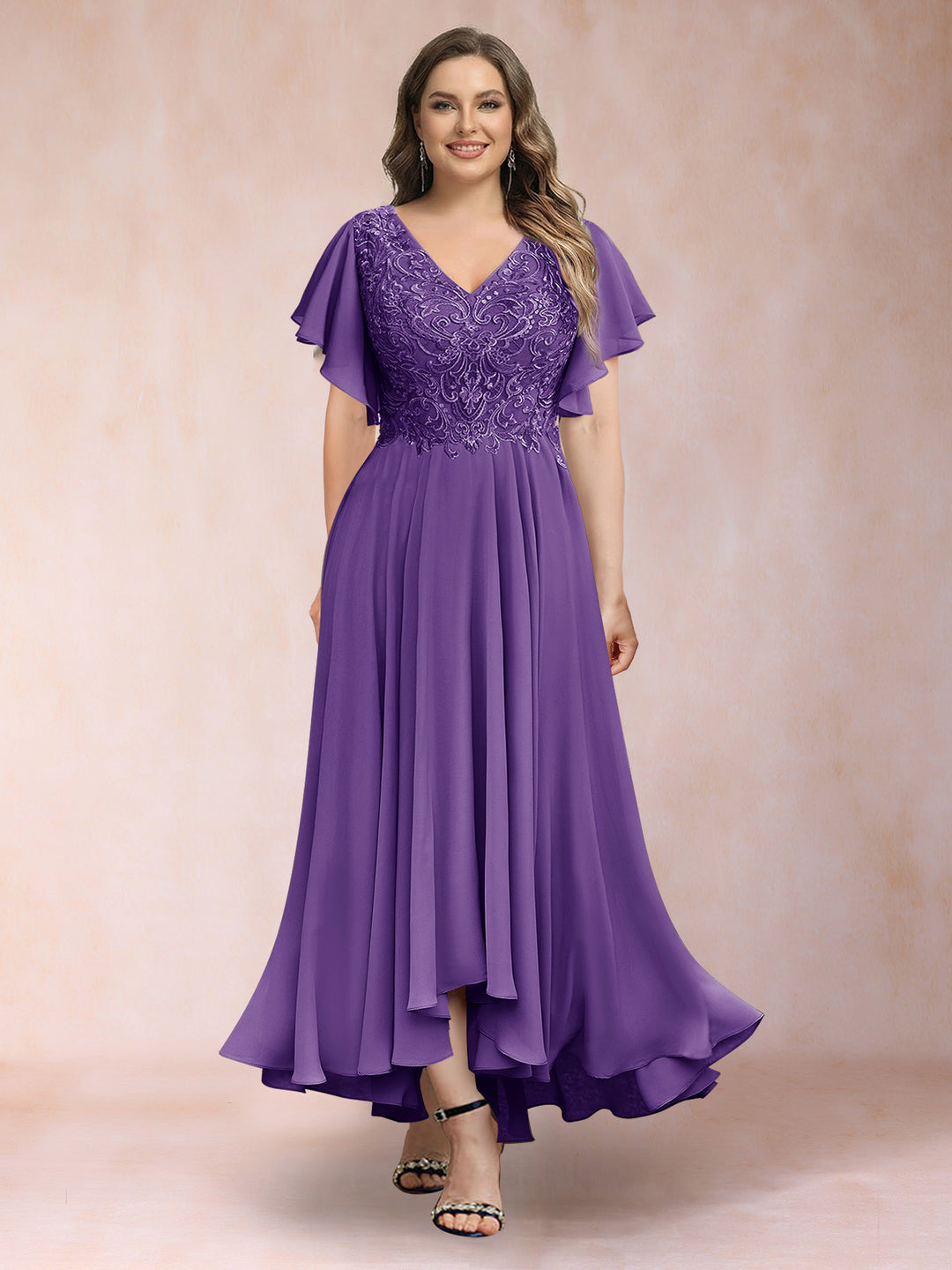 A-Line/Princess V-Neck Short Sleeves Long Plus Size Evening Dresses with Appliques