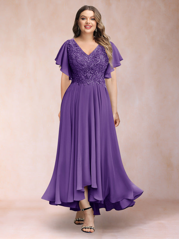 A-Line/Princess V-Neck Short Sleeves Long Plus Size Evening Dresses with Appliques