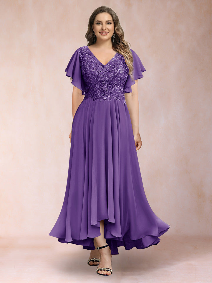 A-Line/Princess V-Neck Short Sleeves Long Plus Size Evening Dresses with Appliques