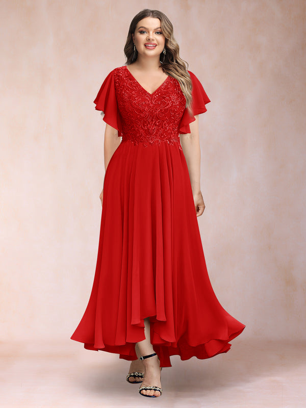 A-Line/Princess V-Neck Short Sleeves Long Plus Size Evening Dresses with Appliques