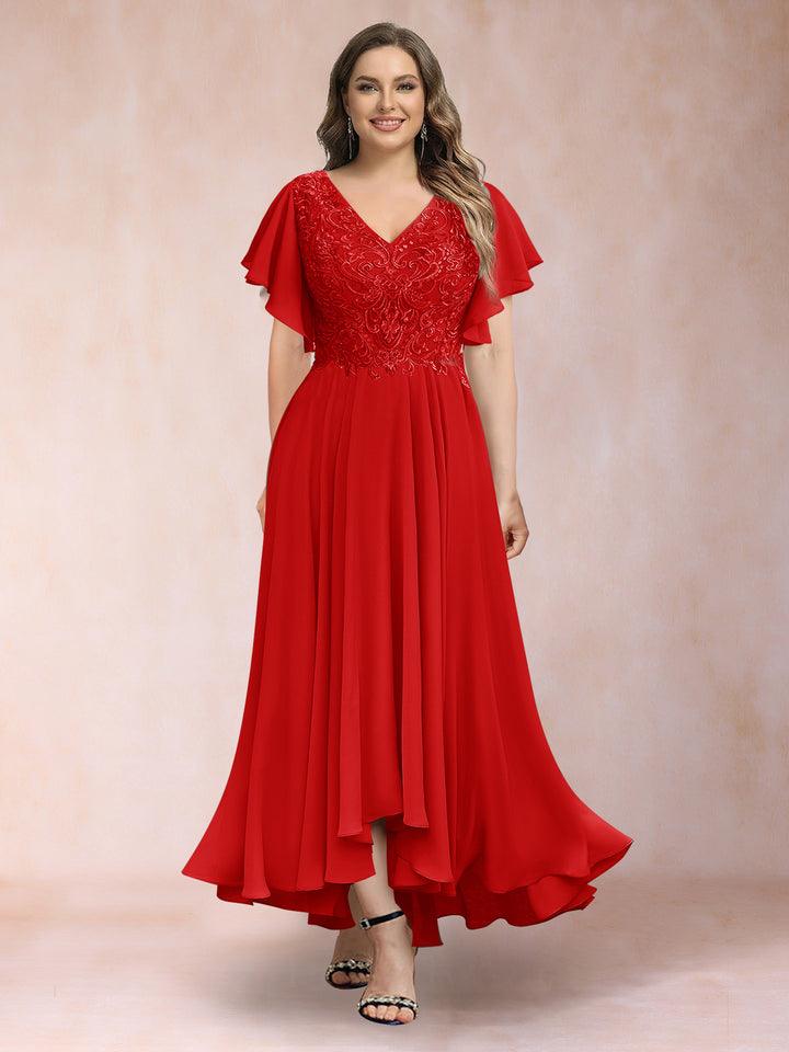A-Line/Princess V-Neck Short Sleeves Long Plus Size Evening Dresses with Appliques