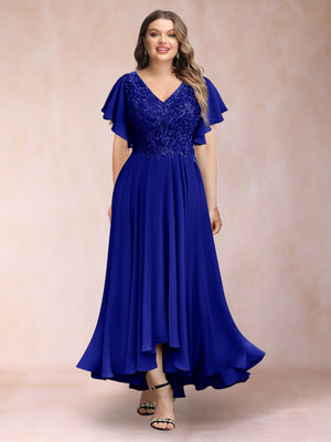 A-Line/Princess V-Neck Short Sleeves Long Plus Size Evening Dresses with Appliques