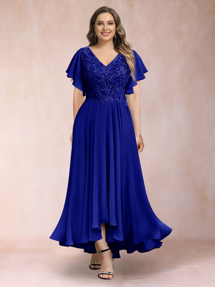 A-Line/Princess V-Neck Short Sleeves Long Plus Size Evening Dresses with Appliques