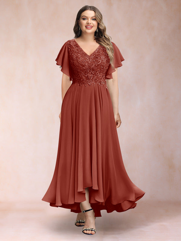 A-Line/Princess V-Neck Short Sleeves Long Plus Size Evening Dresses with Appliques