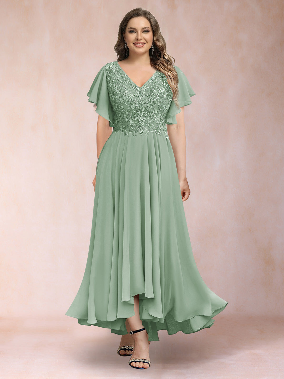 A-Line/Princess V-Neck Short Sleeves Long Plus Size Evening Dresses with Appliques